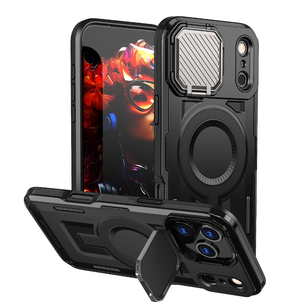 Camera Lens Protector - 頑丈なアーマー磁気式スマホケース、スライド式カメラレンズプロテクター、キックスタンド付き、iPhone 17 Pro Max、Air 17e、16e、15、14 Plus、13、12、11対応