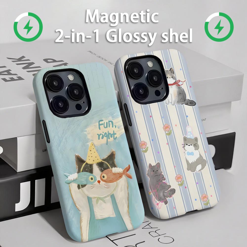 Apple Iphone 15 - かわいい猫と犬のスマホケース マグネット式 2-in-1 光沢シェル iPhone 16e