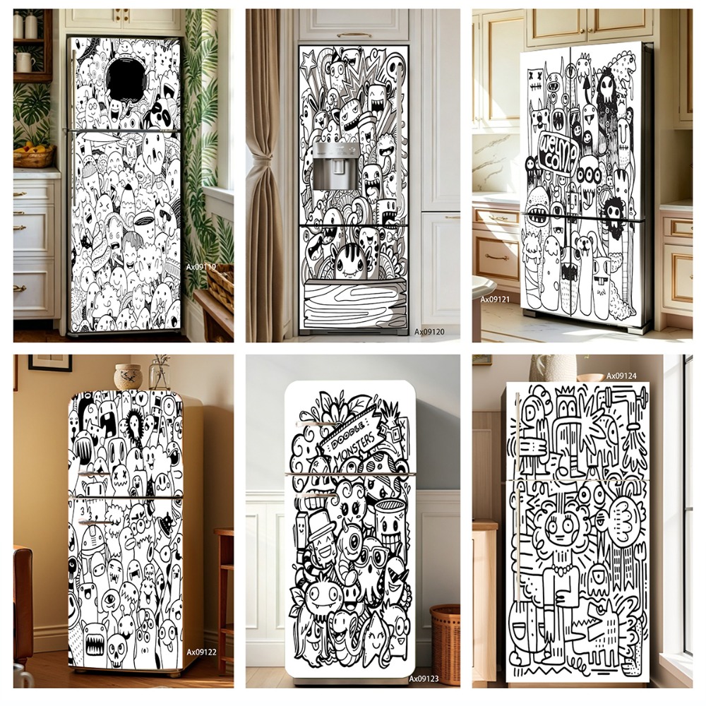 Full Cover Adhesive - 黒白ラインアート落書きモンスター冷蔵庫ステッカーフルドアカバー壁紙自己粘着ステッカー壁デカール用ホームデコレーション