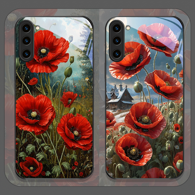 Samsung Galaxy S24 - レトロなポピーの花柄、ホットレッドプリントの強化ガラス製スマホケース、Samsung Galaxy S26 S25 Ultra S24