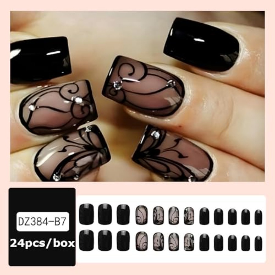 Full Cover Adhesive - ショートスクエアプレスオンネイル ヌードベース ブラックレーススワール ラインストーン付き フルカバー セルフ接着