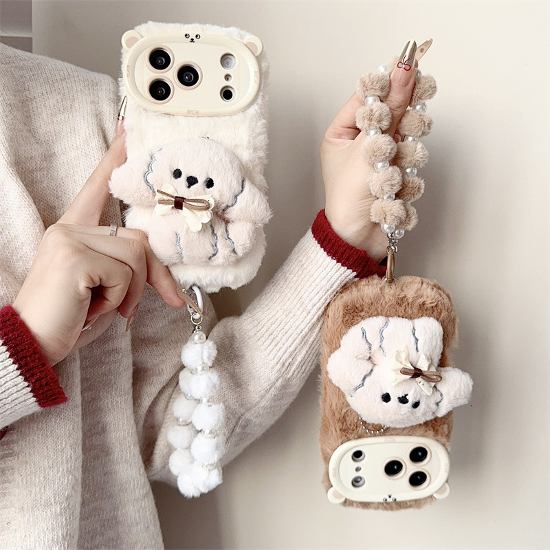 3D漫画風リボン付き子犬のふわふわぬいぐるみスマホケース i - Apple Iphone 15 のレビューと価格