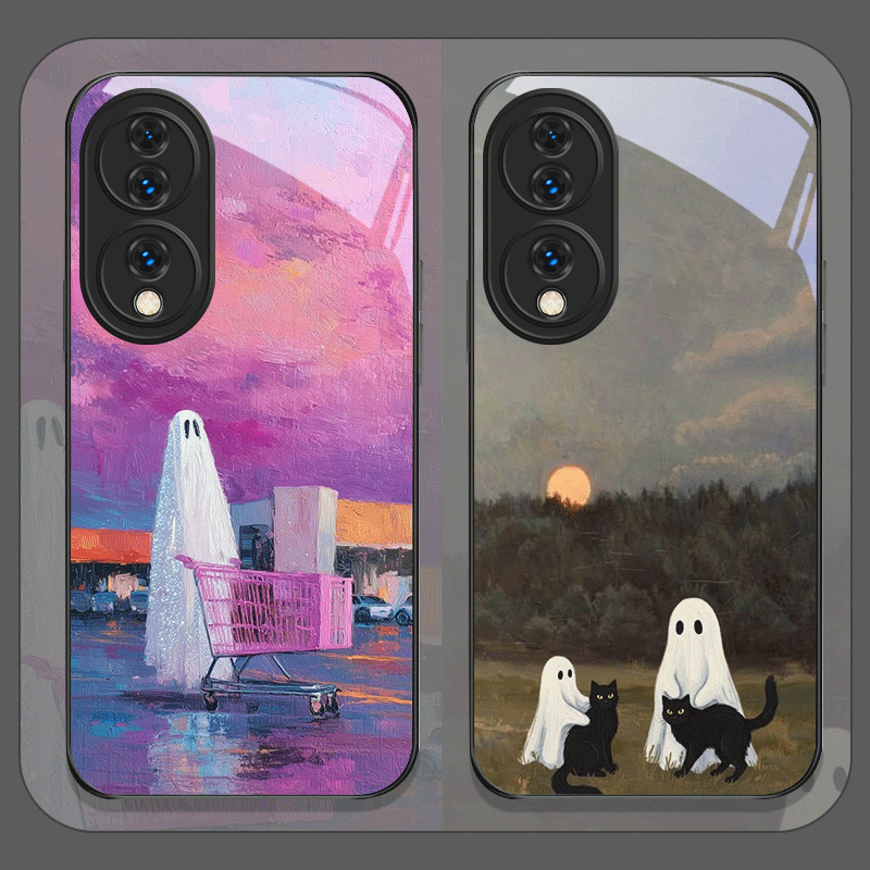 かわいい漫画の黒猫ゴースト柄強化ガラス製スマホケース Hua - Huawei Mate 60 のレビューと価格